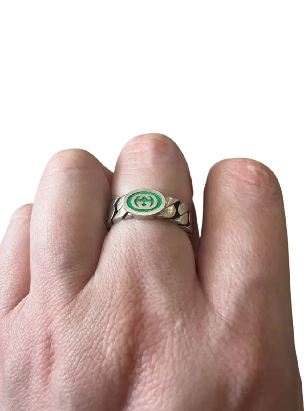 GUCCI Interlocking G Green Enamel Sterling Silver Ring - size US 7.25 - Picture 6 of 10